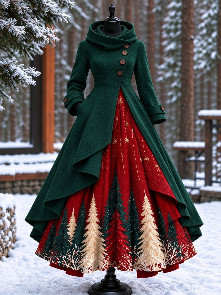 Women’s Vintage High-Collar Asymmetrical Double-Layer Hem Long Maxi Coat